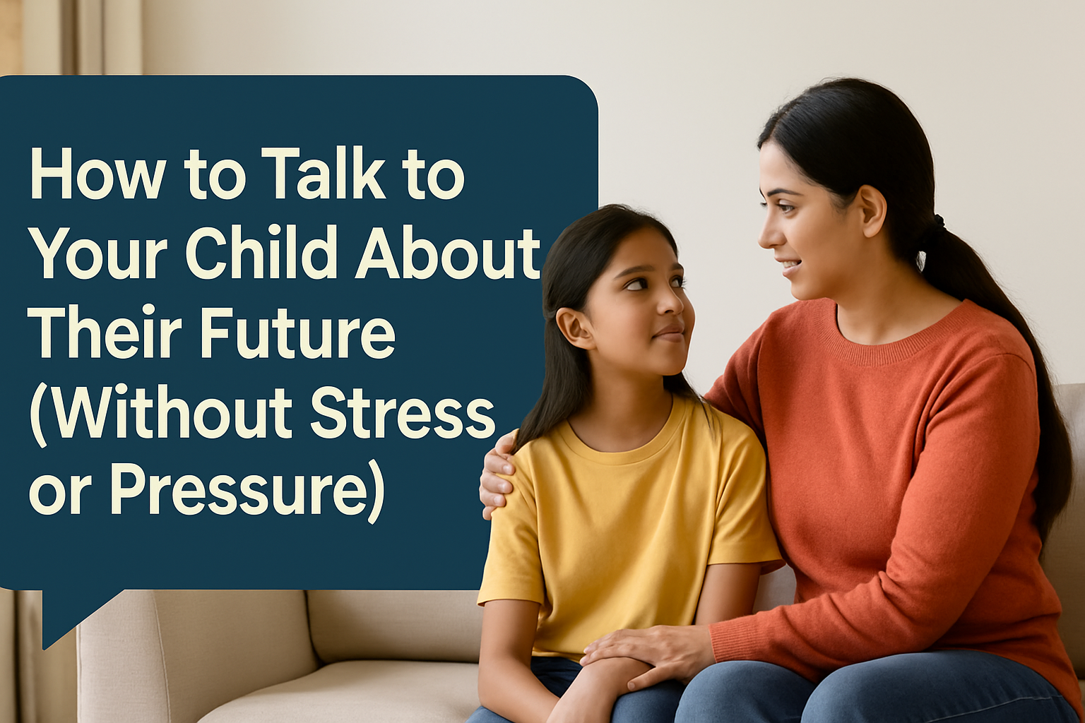 A warm, real-life photograph of an Indian parent sitting beside their teenage child, engaged in a thoughtful conversation. The scene reflects empathy, safety, and support — emphasizing the importance of guiding young minds without pressure. The overlaid caption reads: “Replace pressure with presence. Your child needs to be heard, not hurried.”