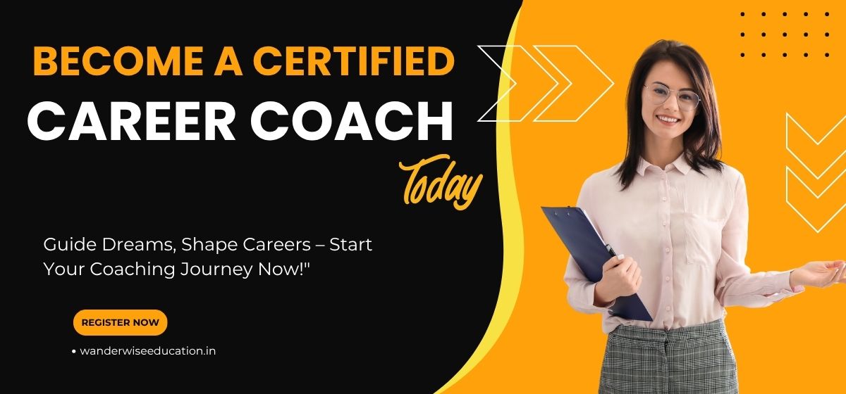 A confident young Indian woman giving a career counselling session to students, with text overlay saying “Become a Career Coach Today”.